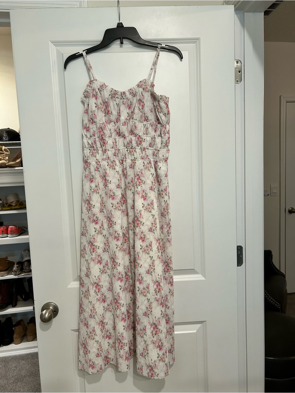 STORIA Floral Pleated Maxi Dress Pink Ivory Smocked Ruffle Size S